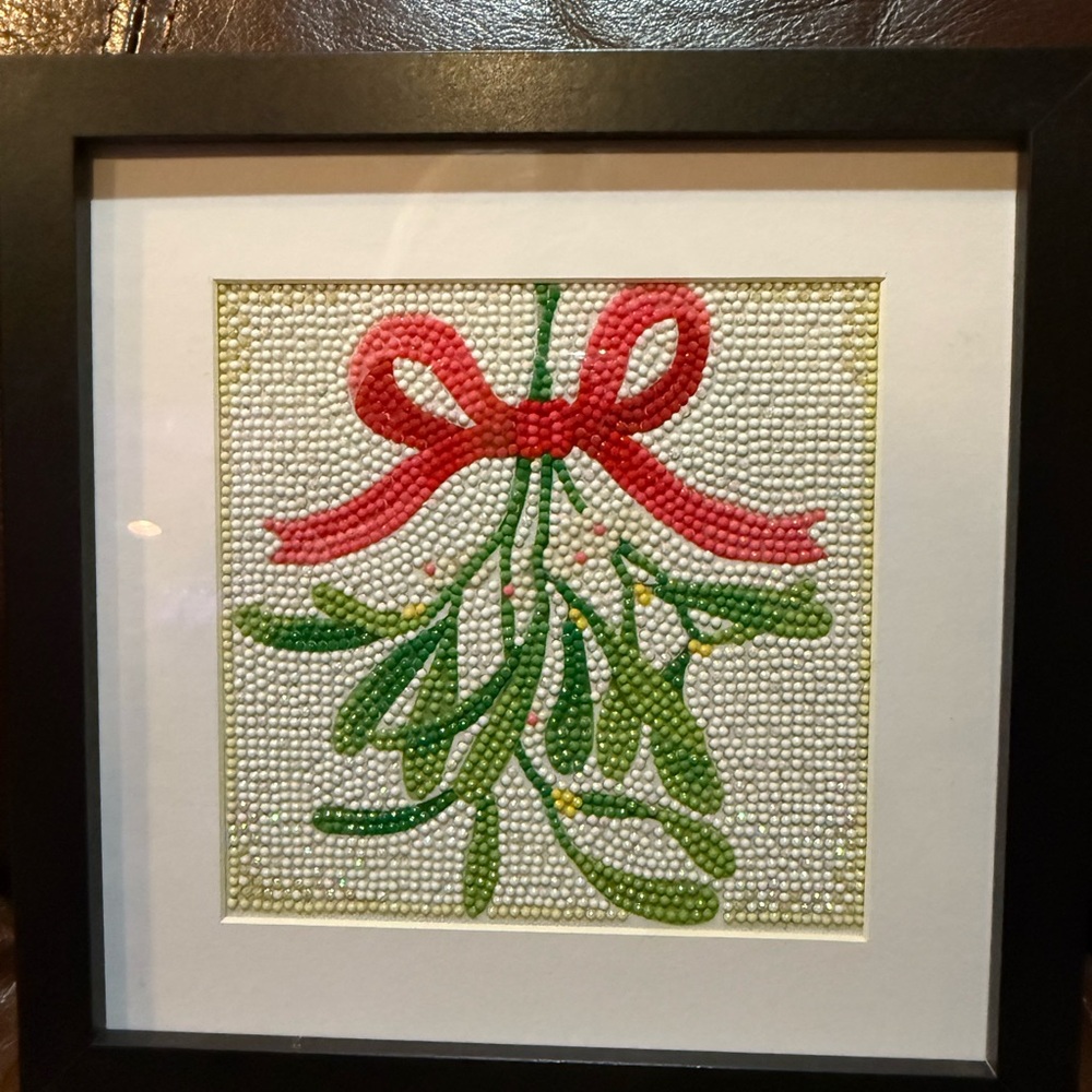 Completed and Framed Mistletoe Diamond Art with Red Bow